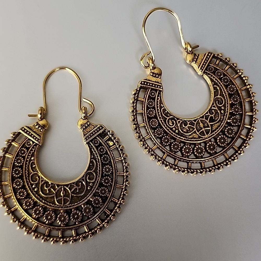 BOHO ANTIQUE GOLD Hoop TRIBAL EARRINGS.